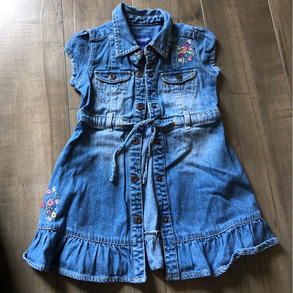 24 Month Denim Button-Front Dress with Floral Embroidery